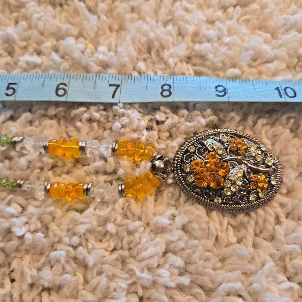 Rhinestone & Chip Stone Flower Necklace Green Yellow Silver - Picture 4 of 7